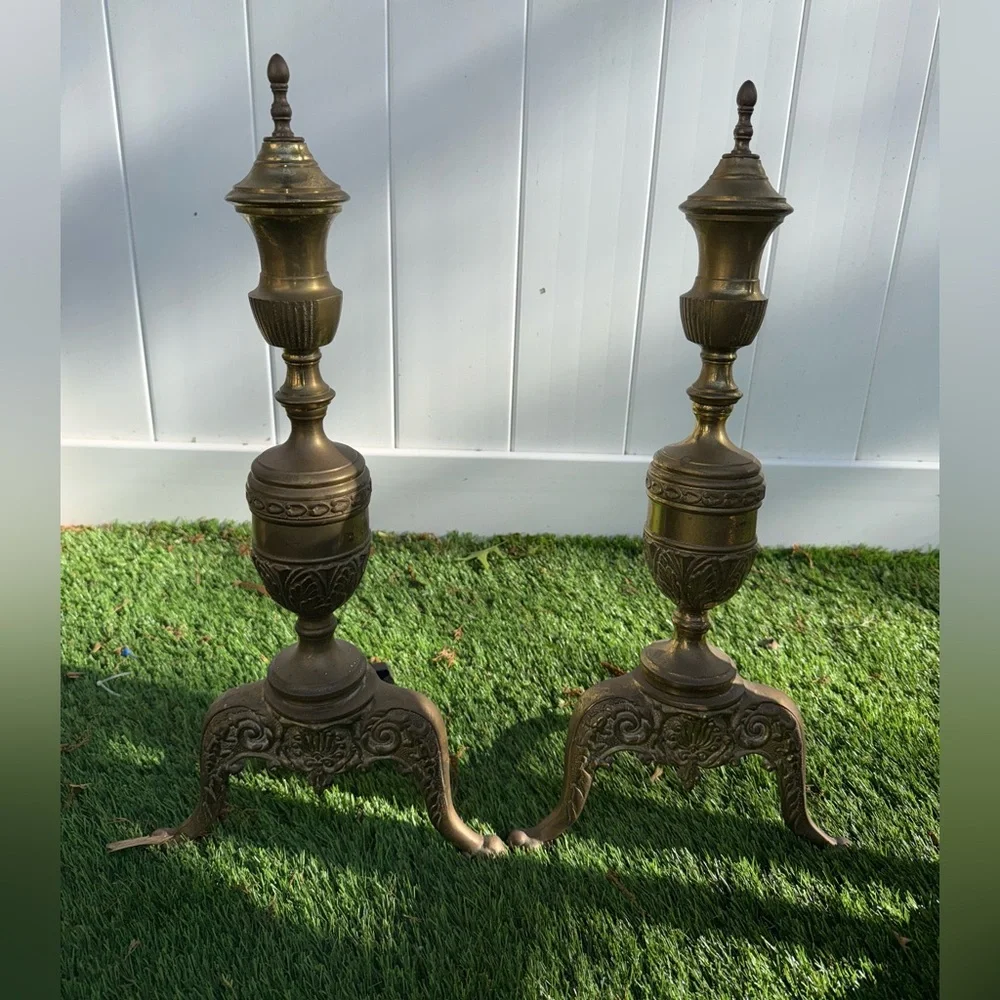 Pair of Vintage‎ Brass Andirons Ornate Very Nice